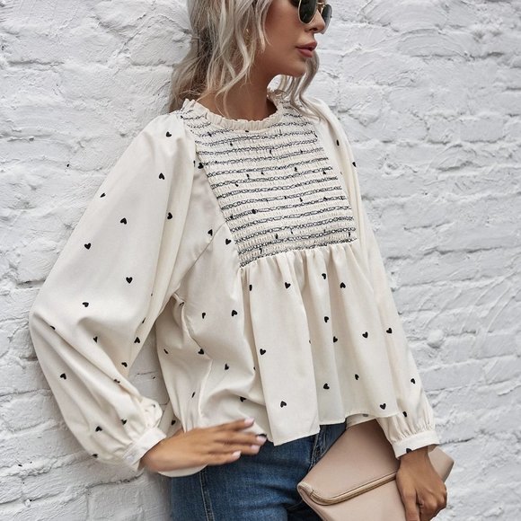 Beige Casual Womens Heart Print Shirred Peplum Blouse - Picture 3 of 5
